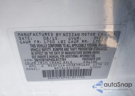 2016 Nissan Versa 1.6 S+ from USA, damaged, VIN 3N1CN7AP4GL817751
